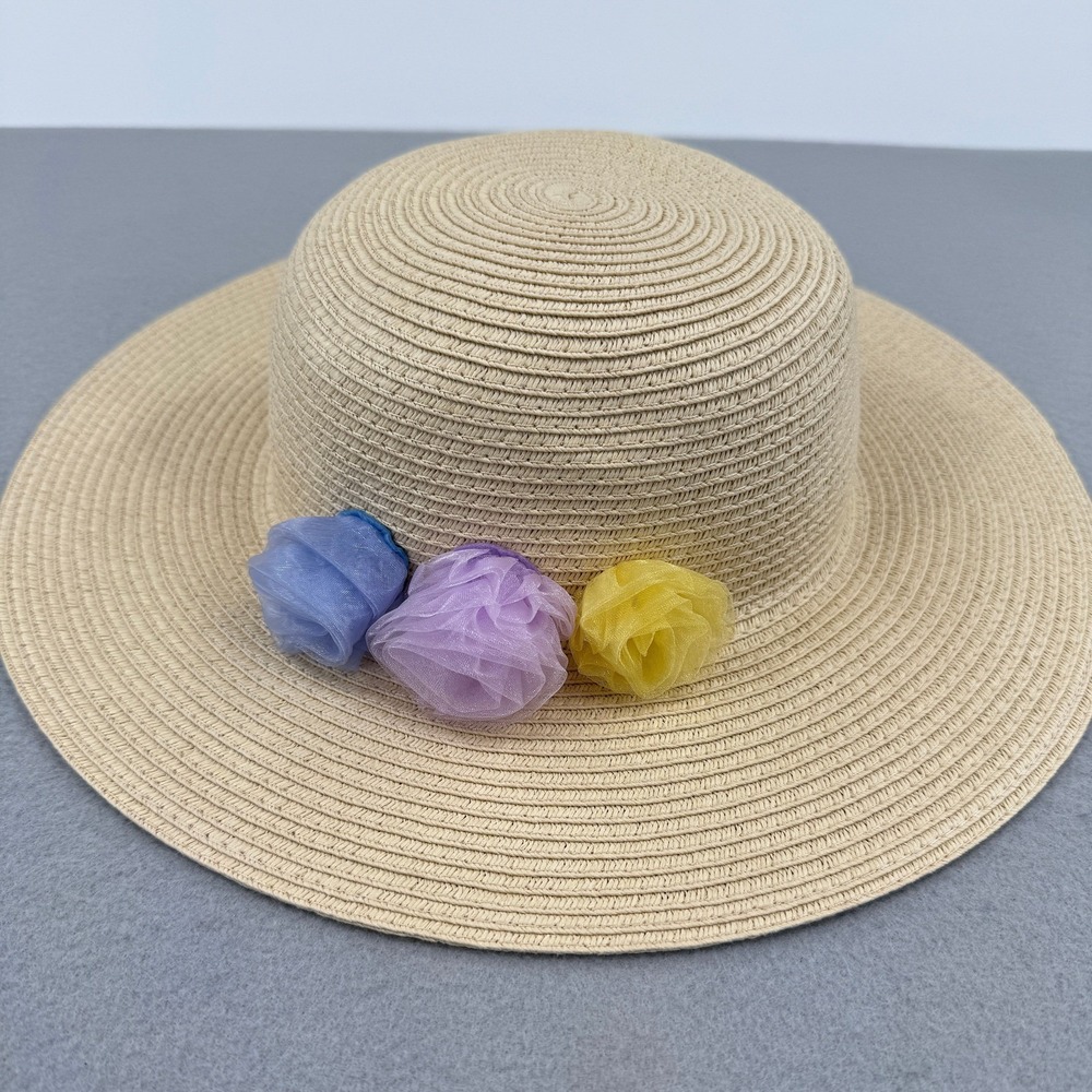 NWT Janie and Jack Girl 6-8 Paper Woven Sun Hat Beige Floral Rosette Wide Brim